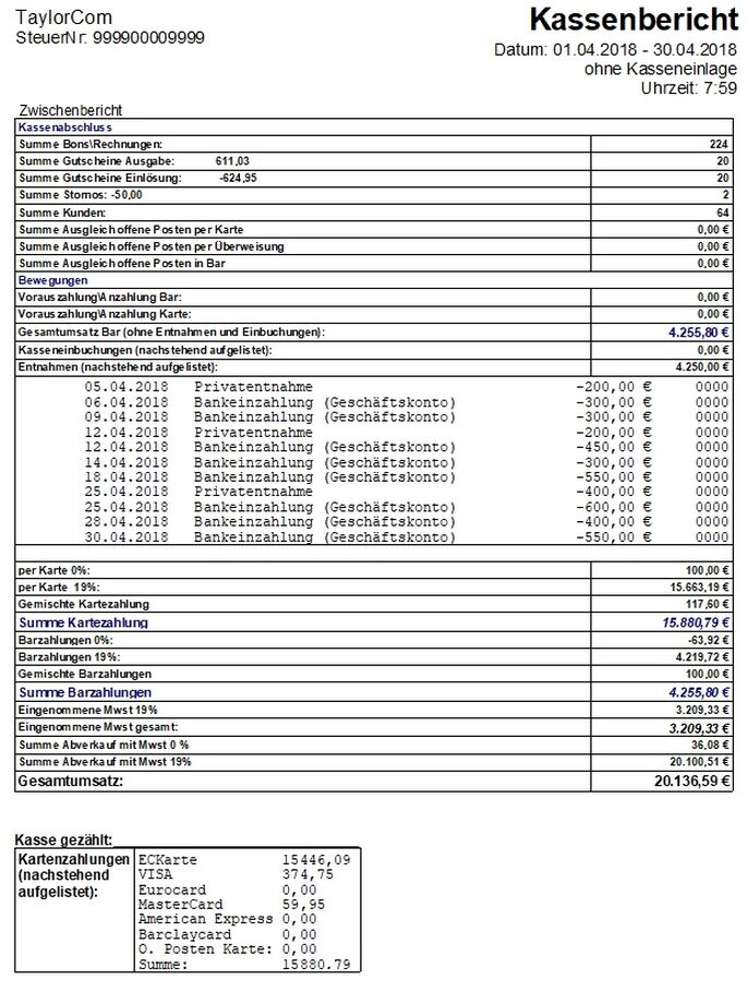 QuickKasse Kassenbericht